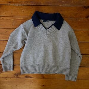 SHEIN Grey V-Neck Sweater with Navy Collar